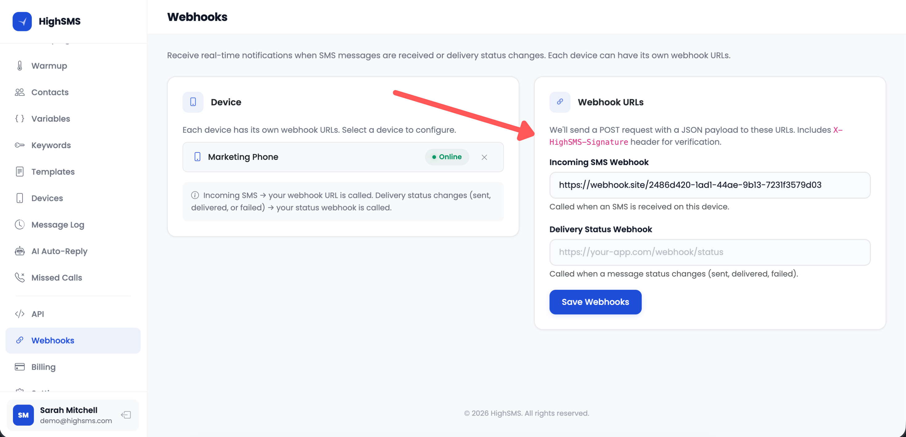 Webhook configuration page