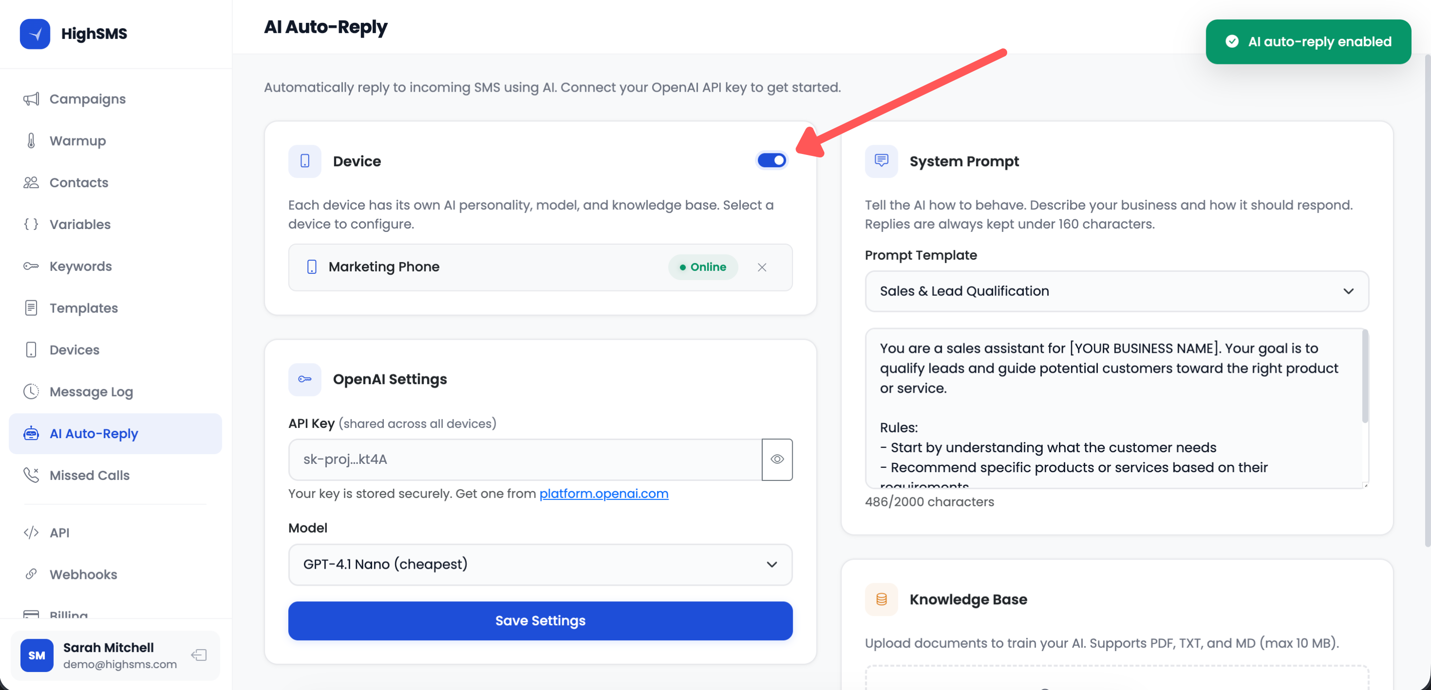 AI auto-reply configuration with system prompt