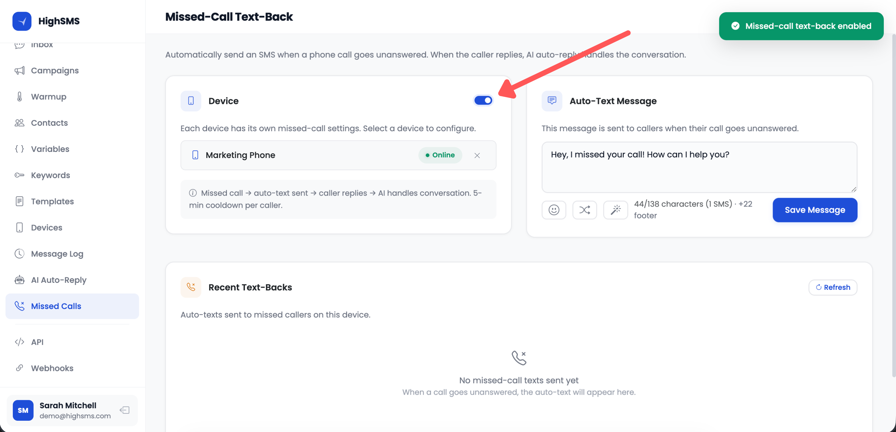 Missed call text-back settings