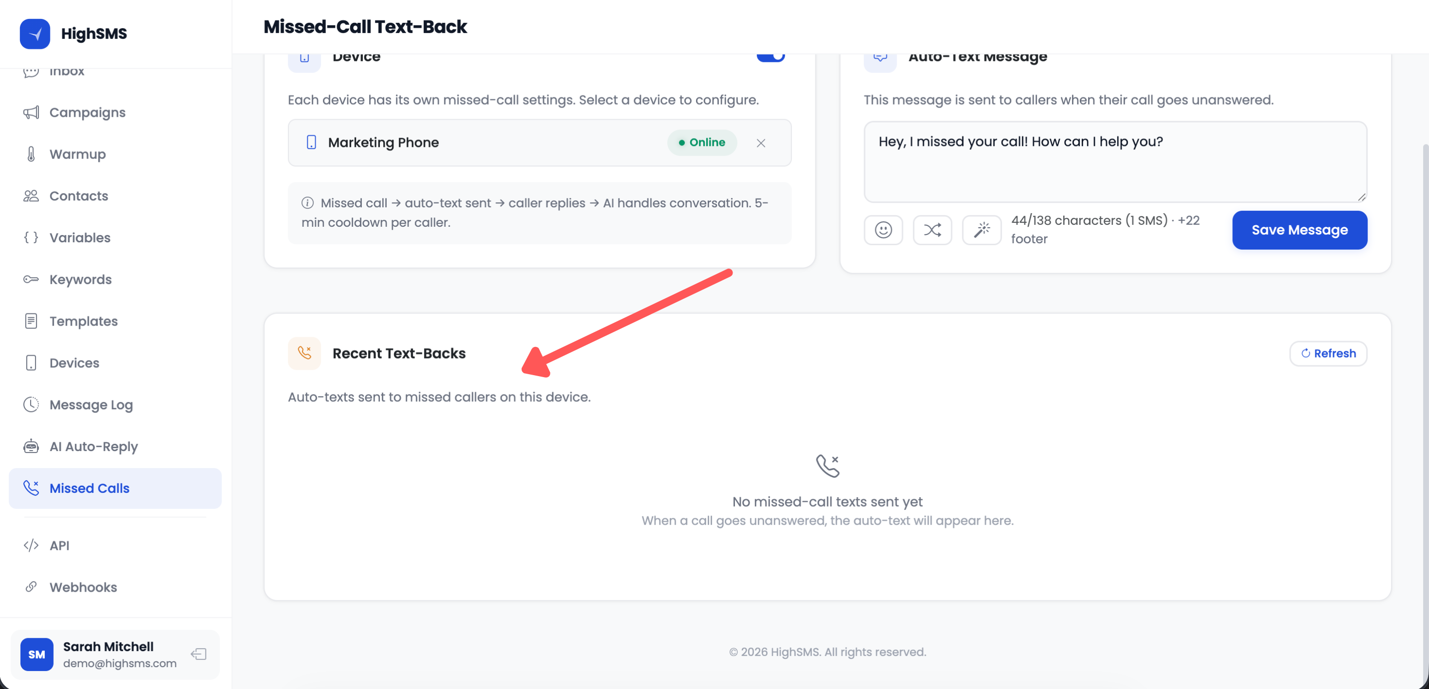 Recent text-backs log