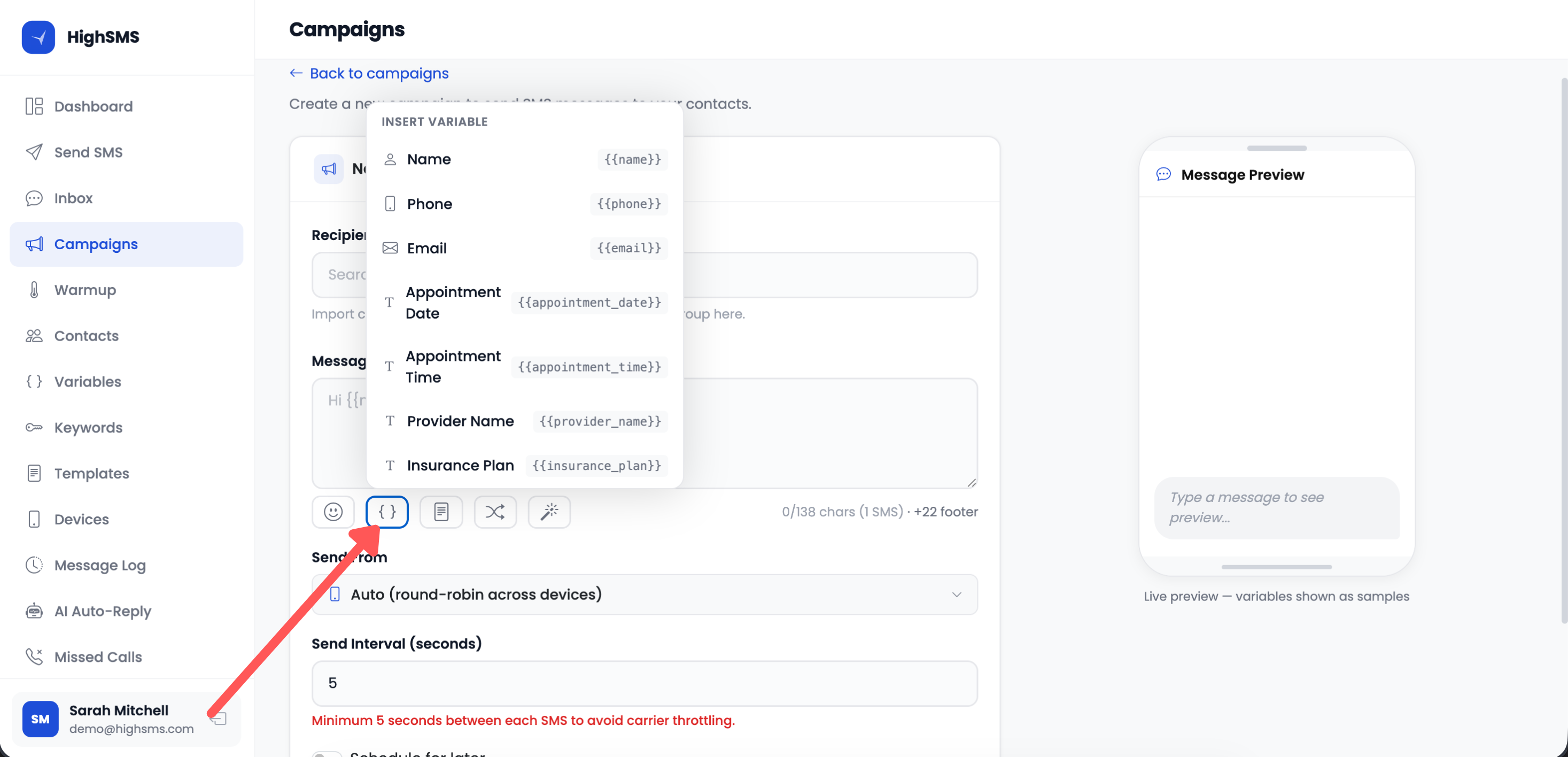 Variable picker in the message toolbar