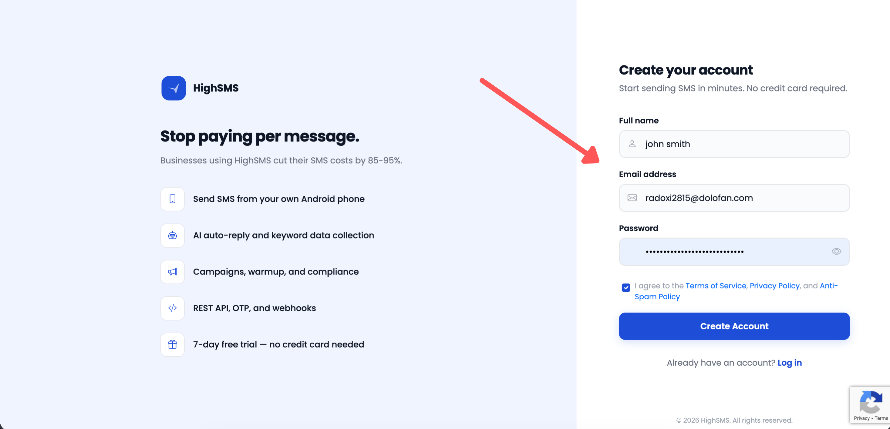 HighSMS sign up page