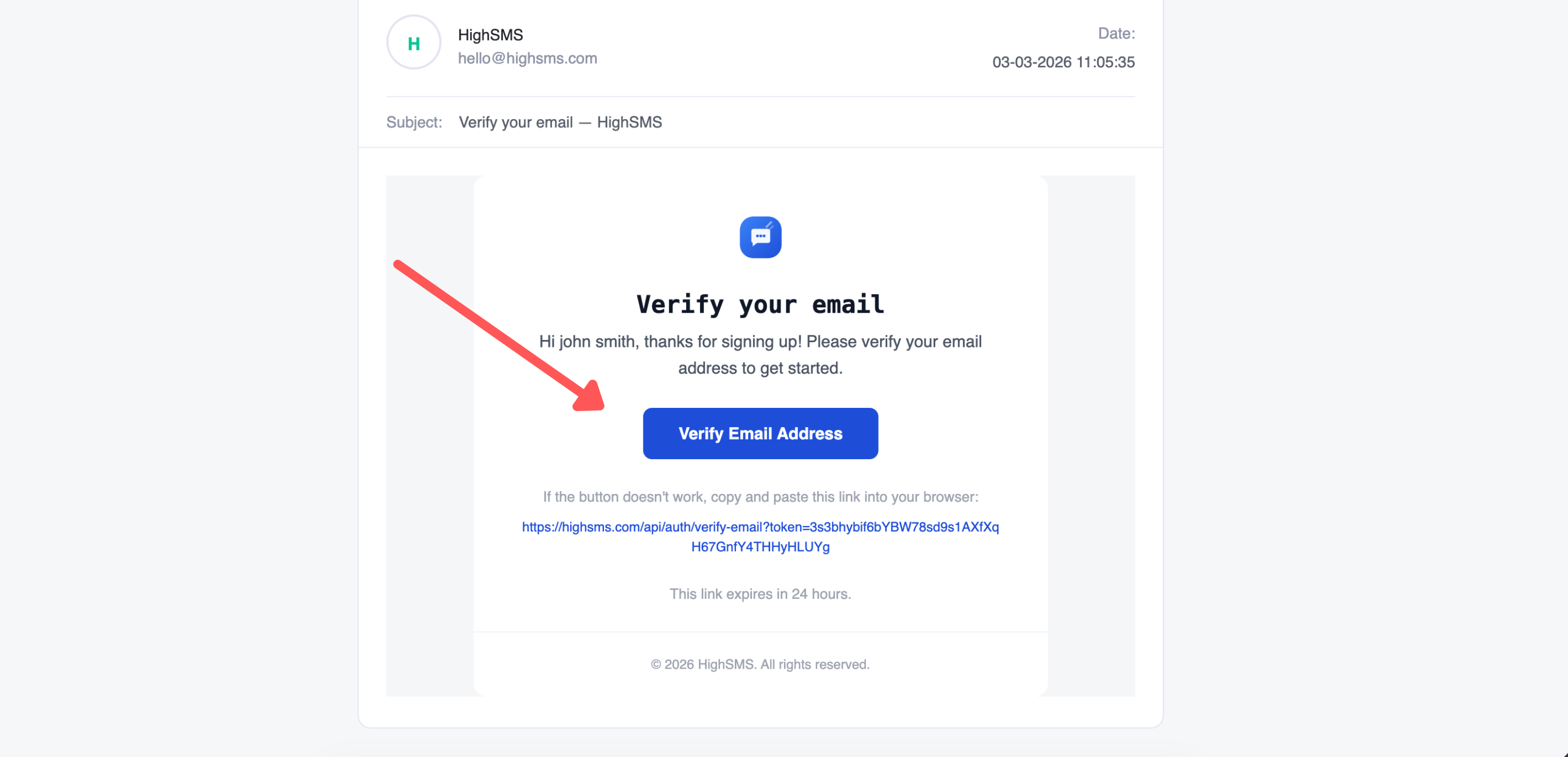 HighSMS verify your email screen