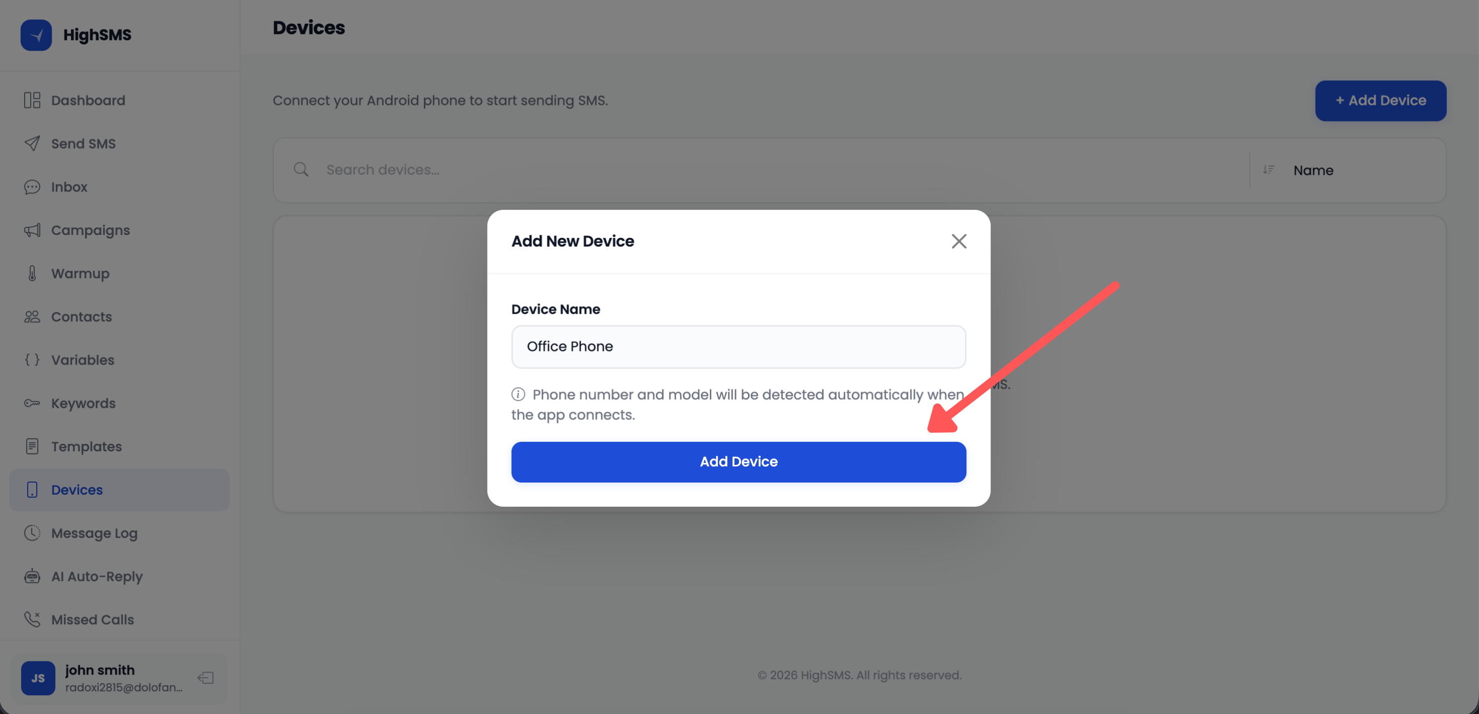 Add Device dialog with name field