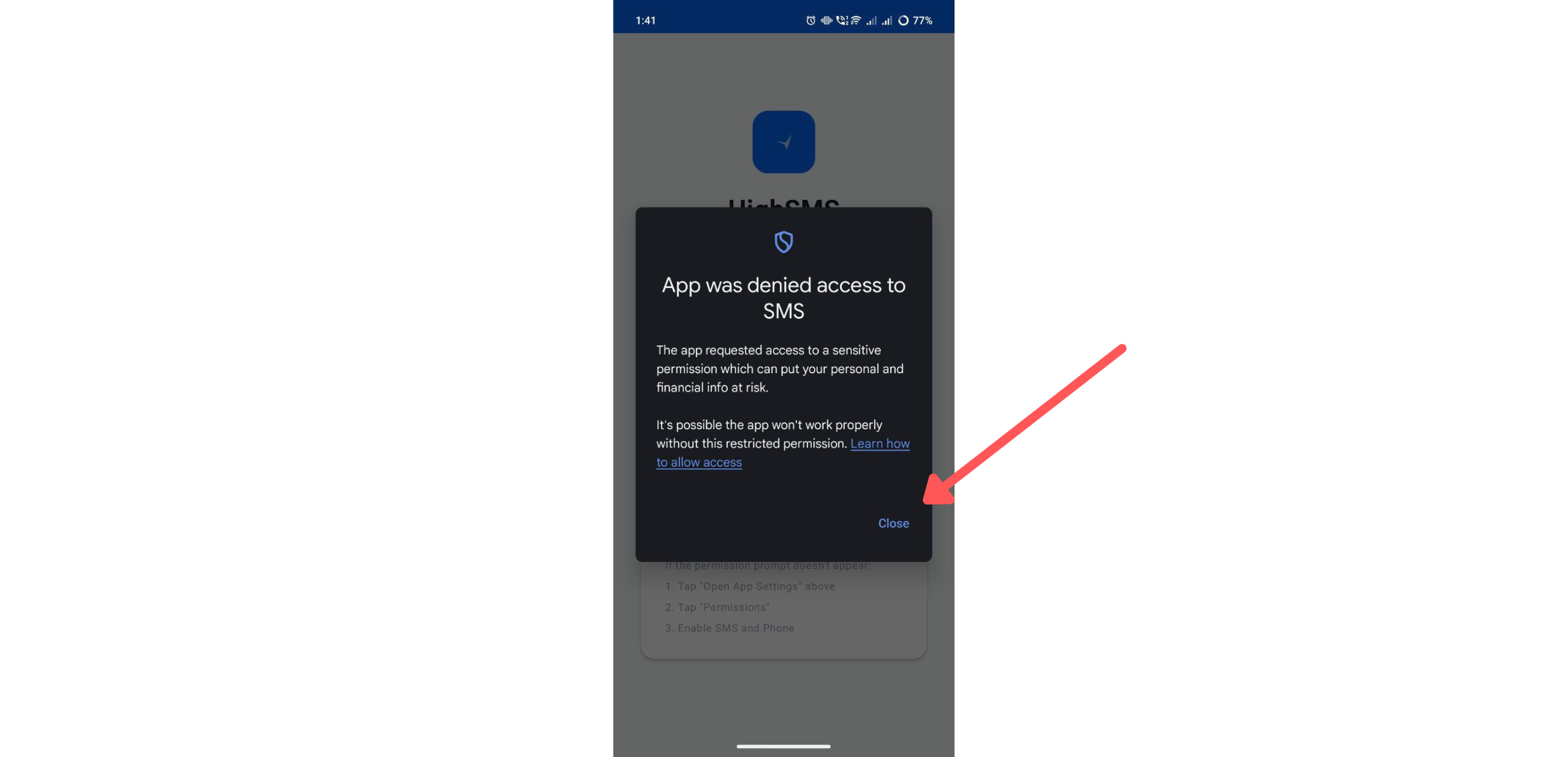 App denied access to SMS screen