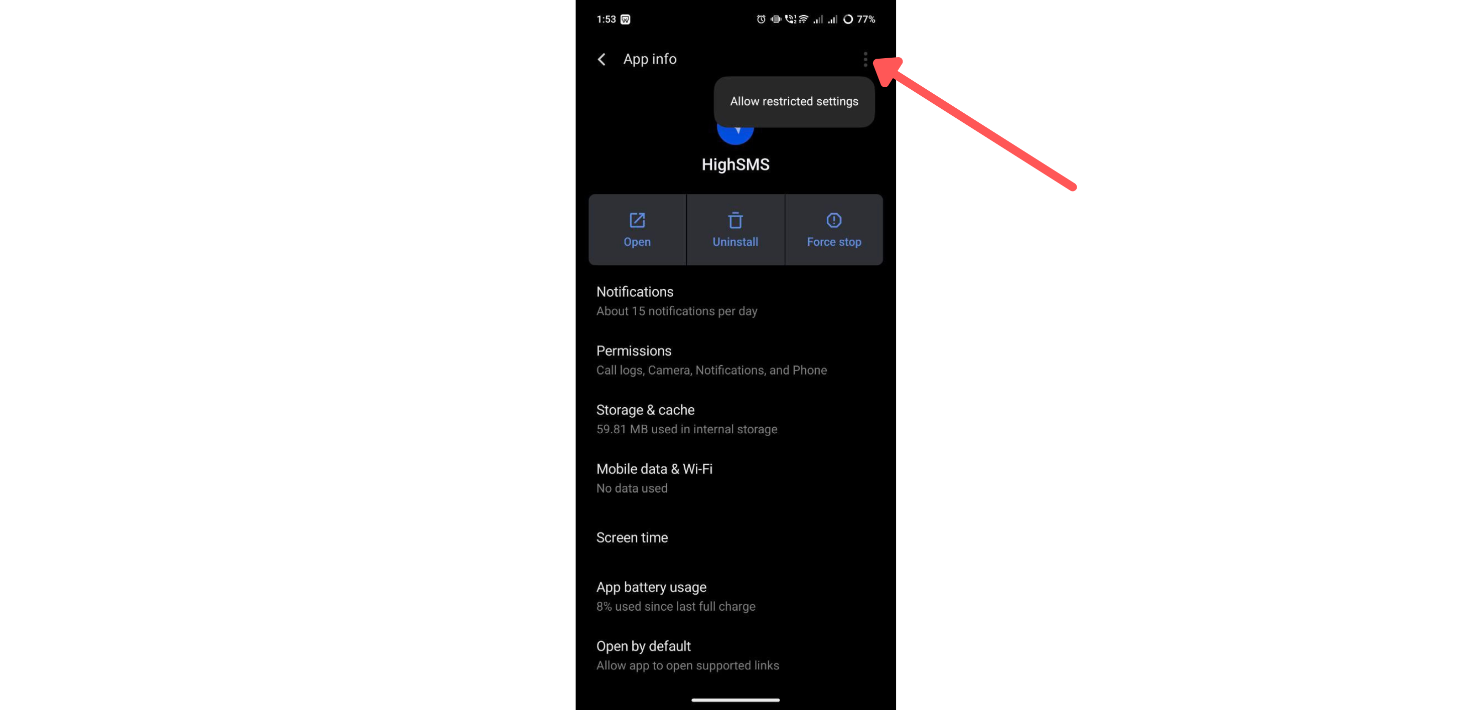 App info page with three-dot menu — Allow restricted settings