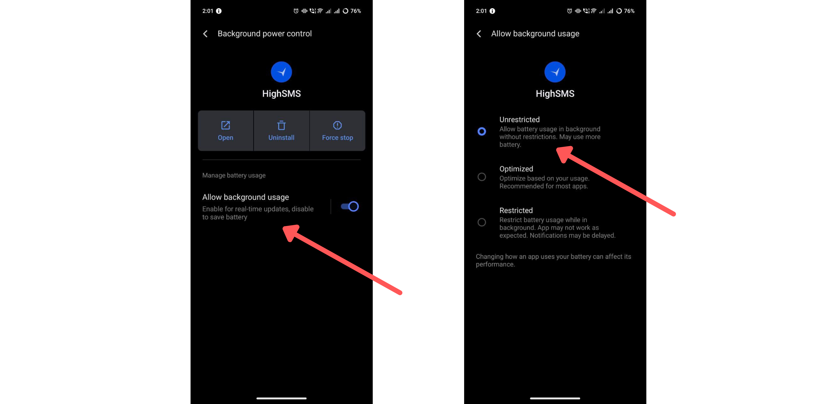 Battery optimization set to Unrestricted