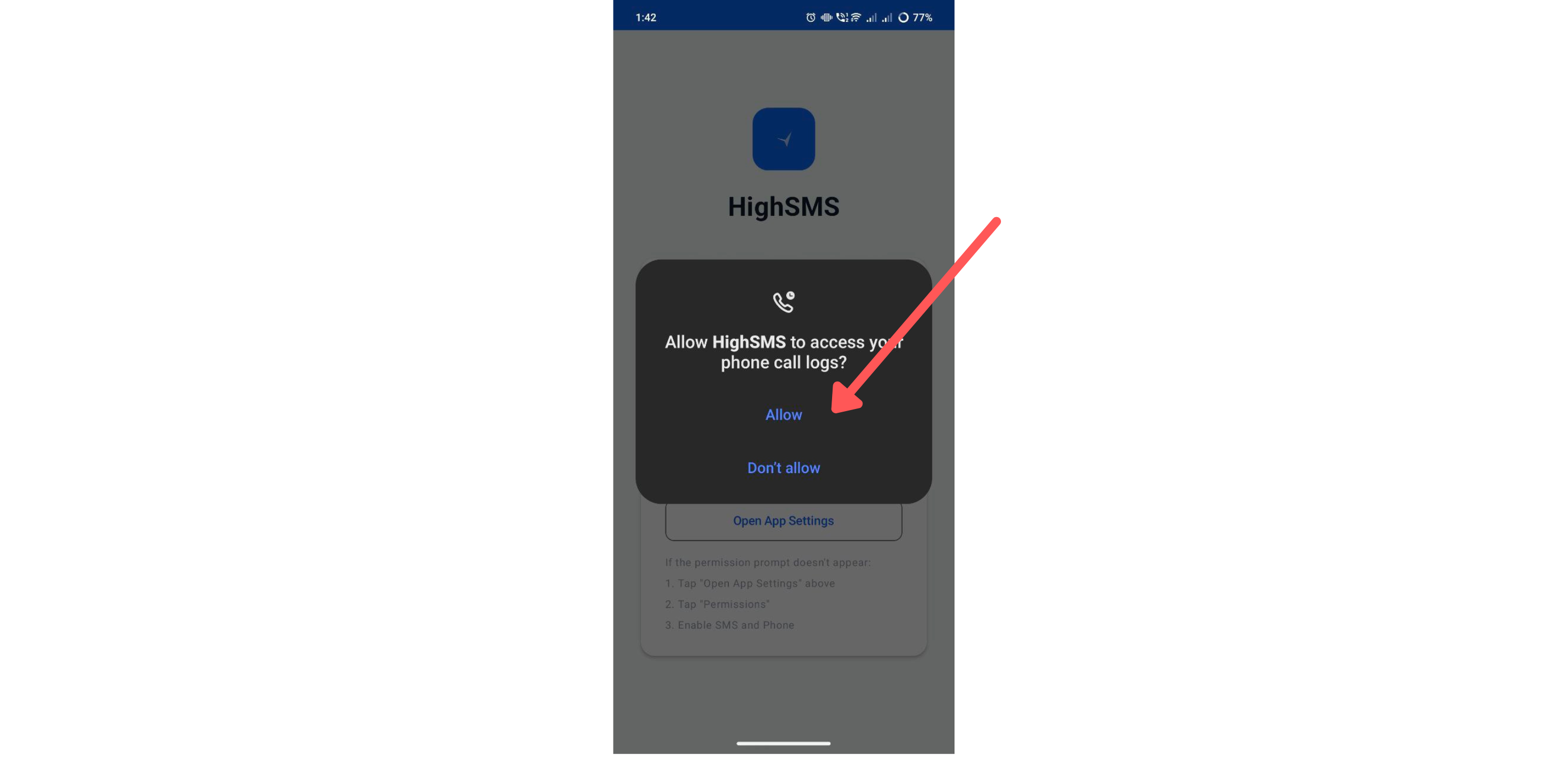 Phone call logs permission prompt