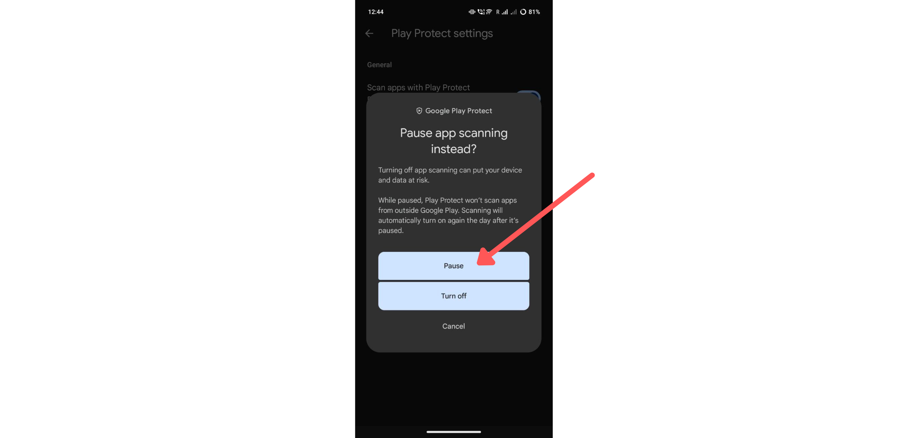 Play Protect paused confirmation