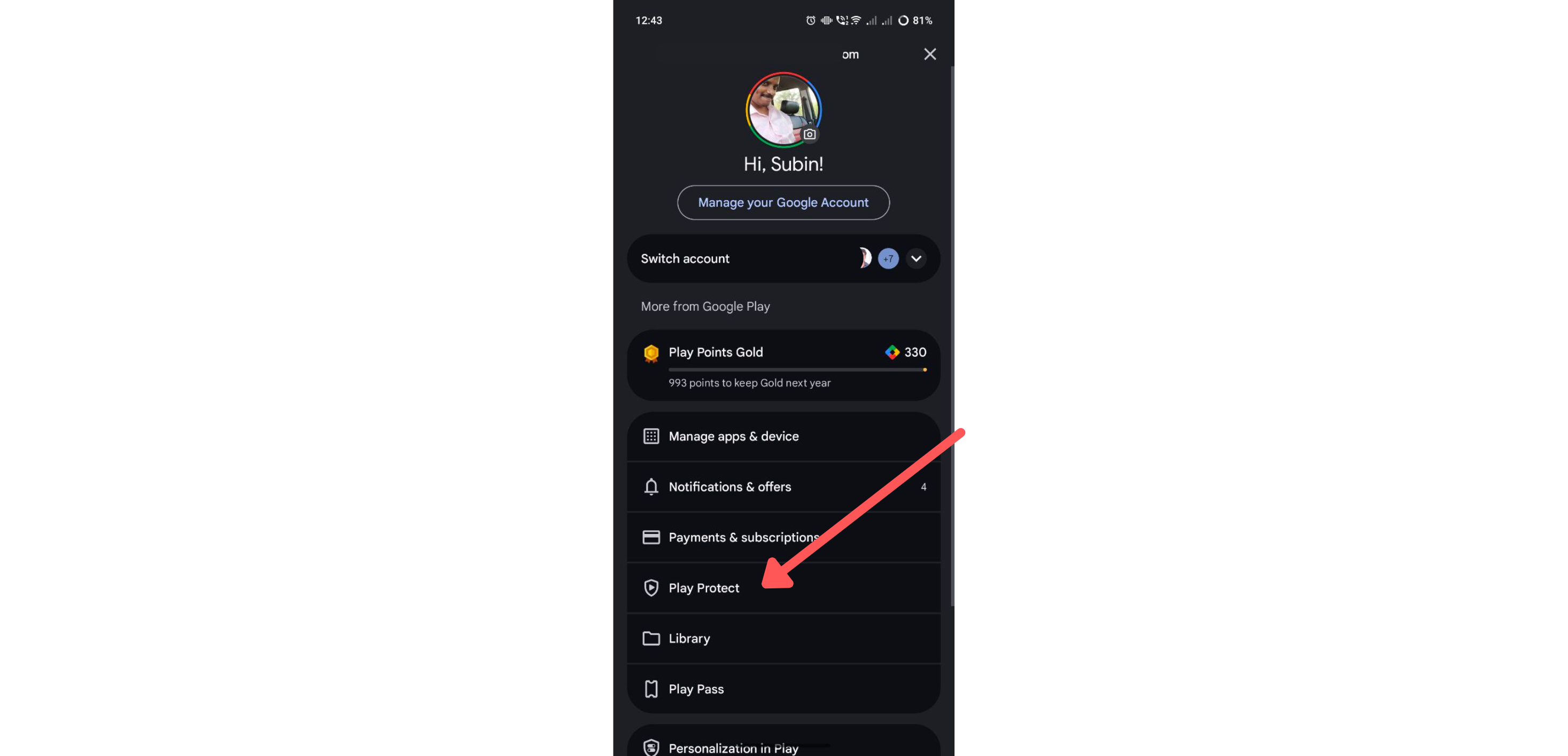 Play Store profile menu