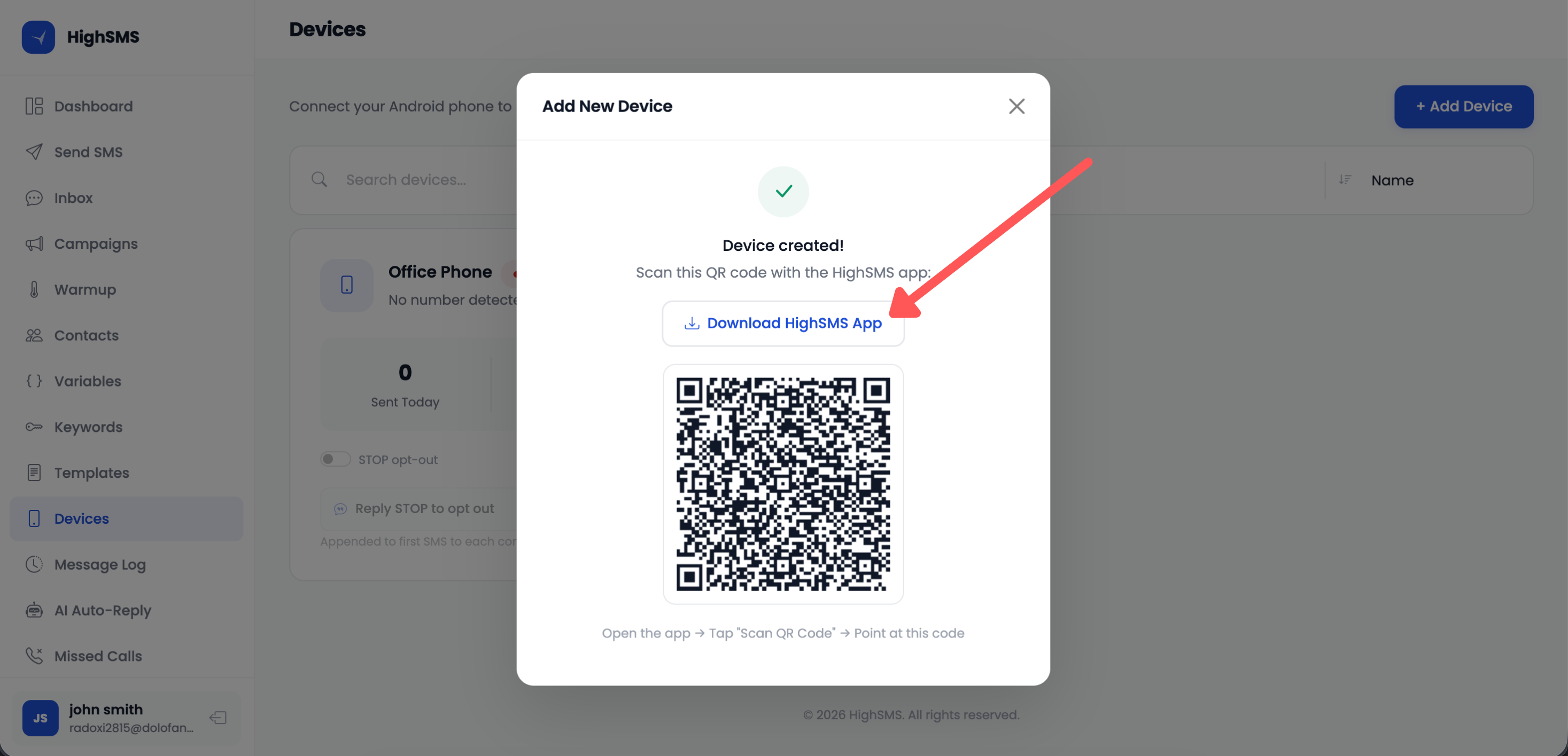 QR code screen with download link