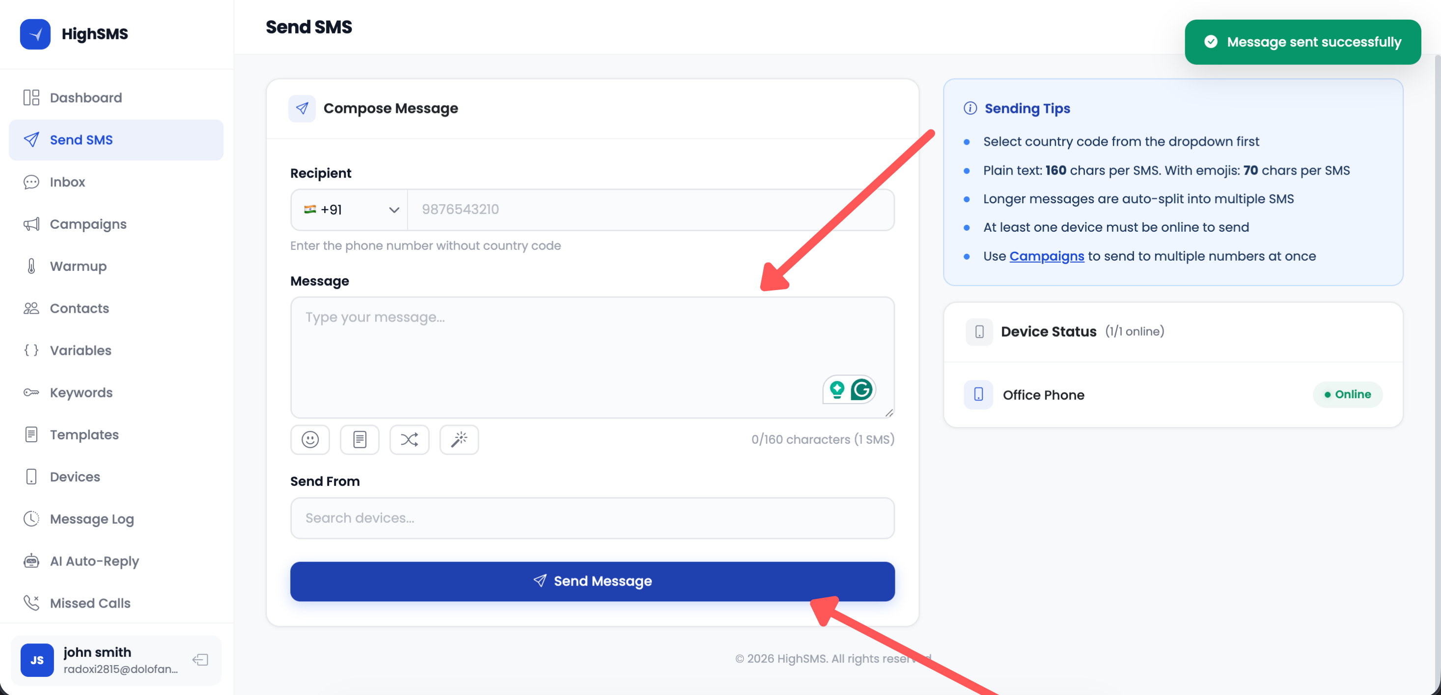 Send SMS page with message composed