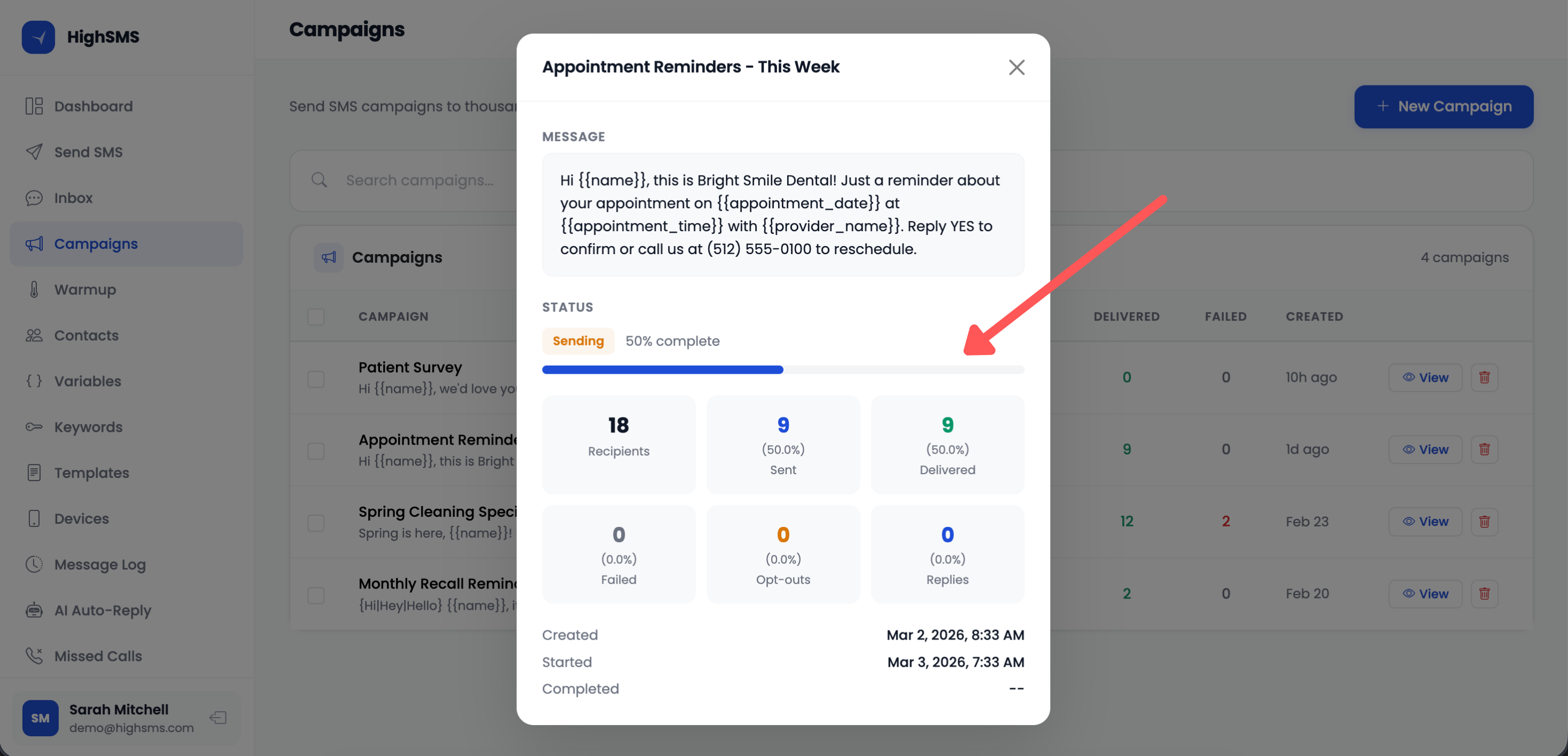 Campaign progress showing delivery stats