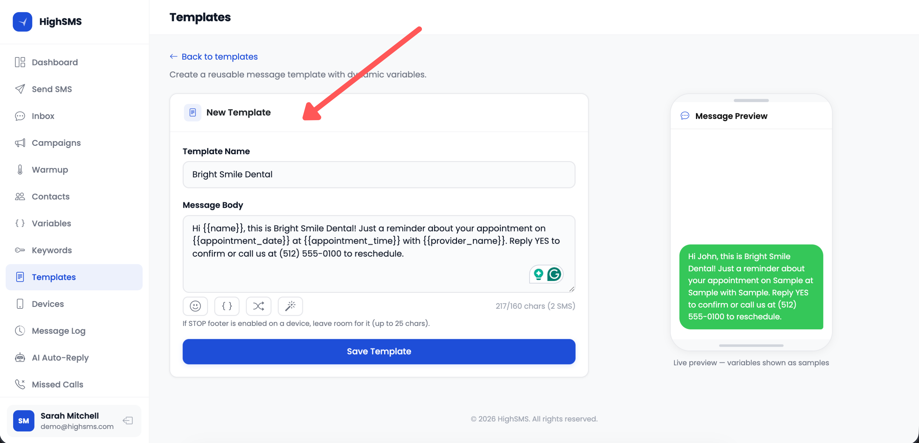 Creating a new message template with phone preview