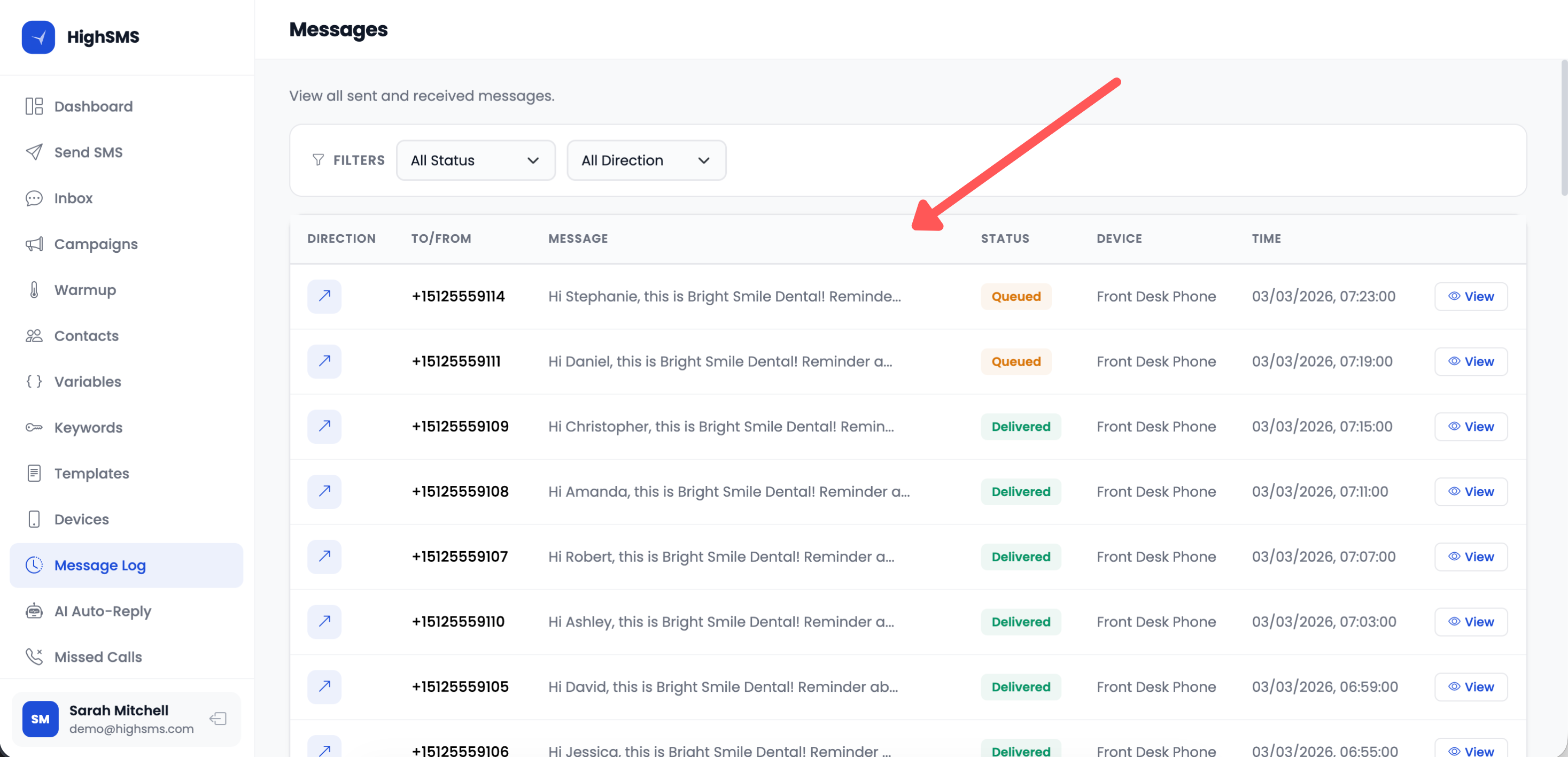 Message history page with filters applied