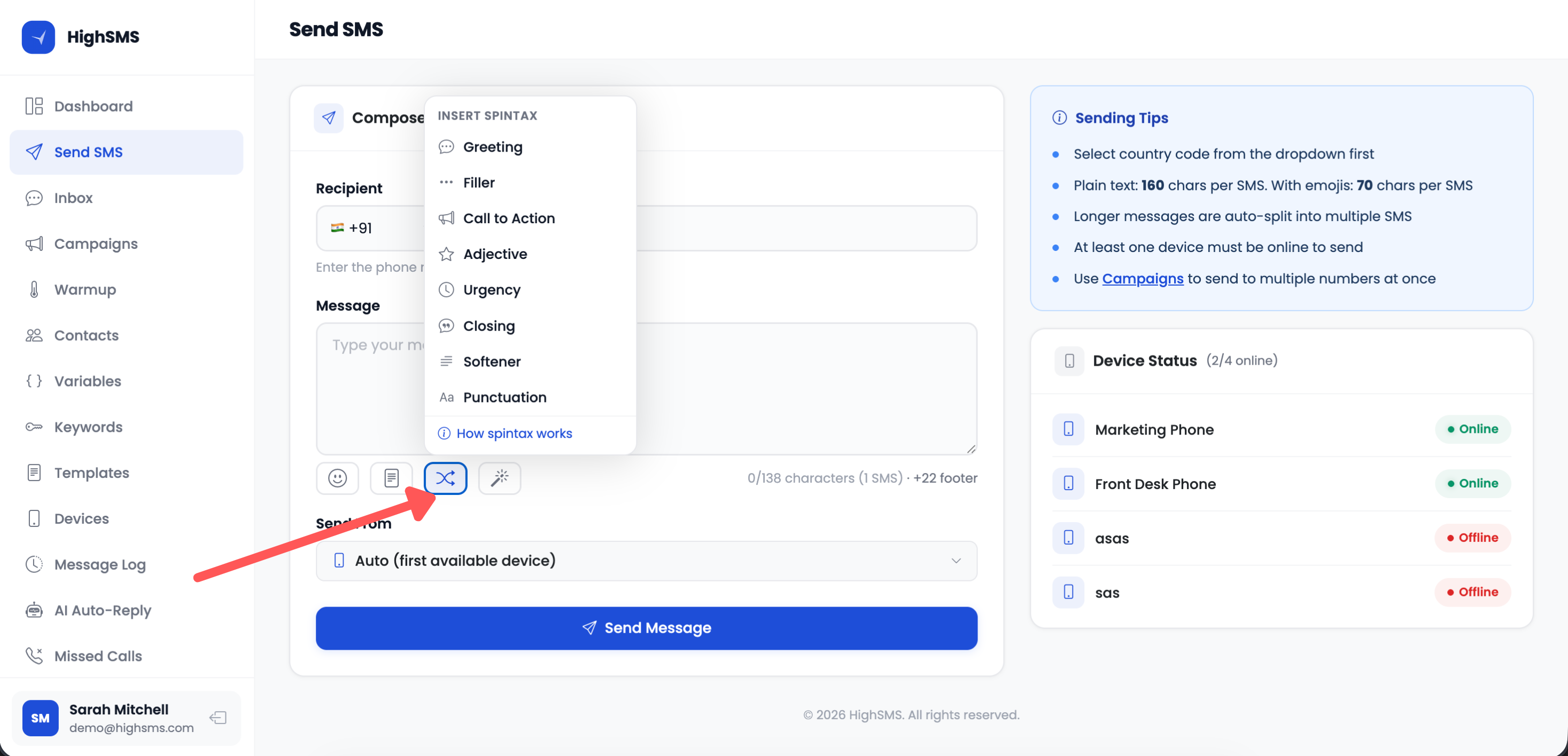 Spintax helper dropdown in the message toolbar