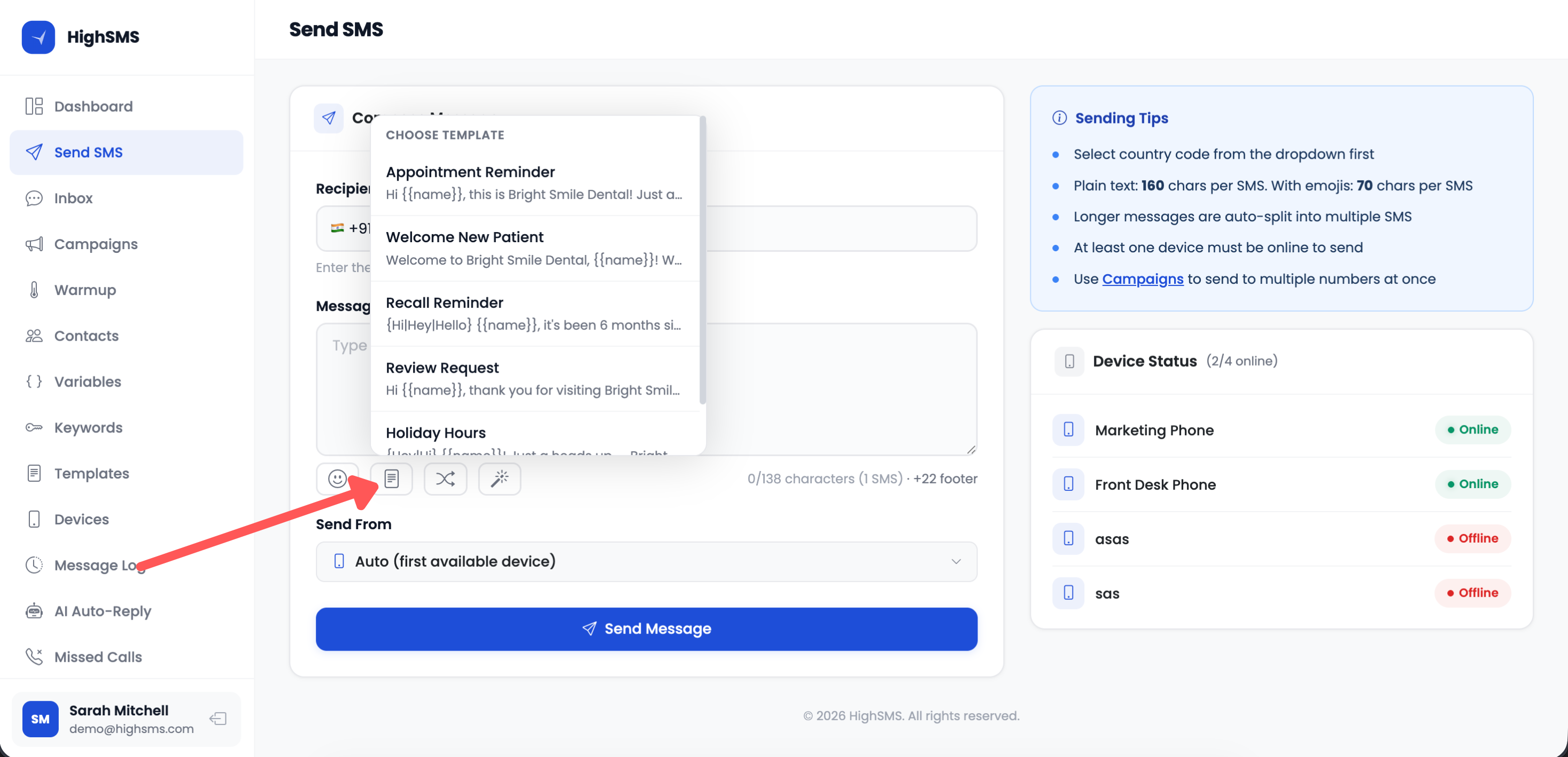 Template picker on the Send page